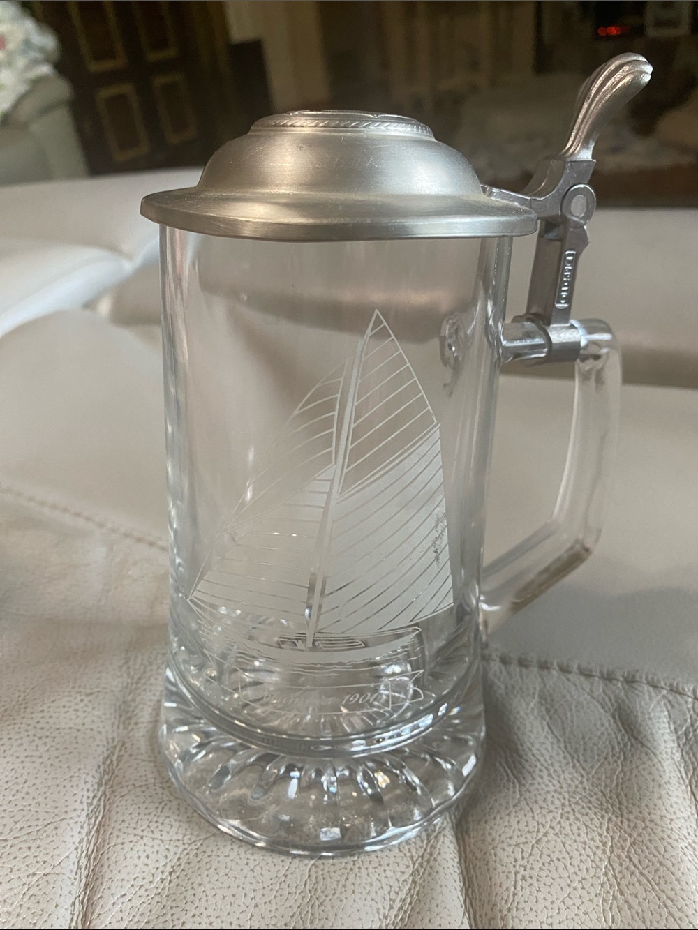 Vintage Old Spice Glass Beer Stein with Pewter Lid - Clear